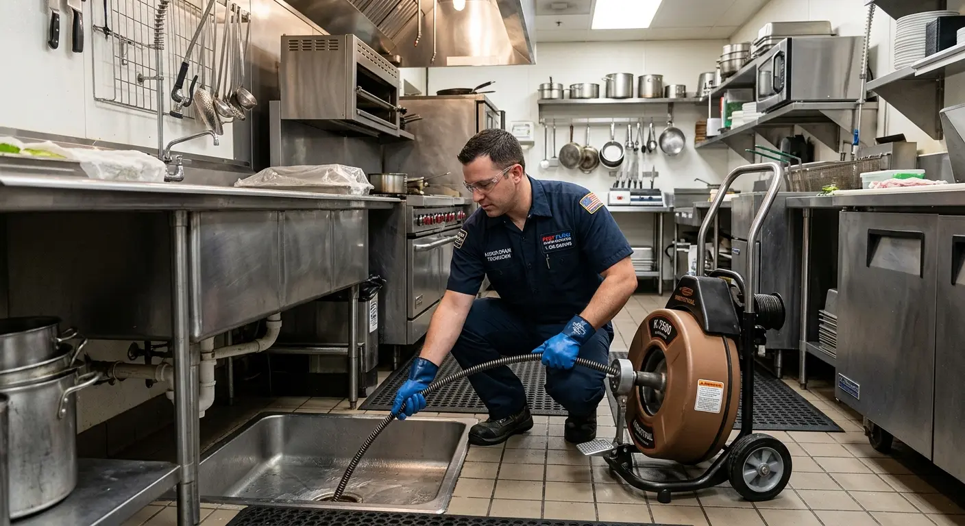 Commercial drain cleaning service in a restaurant kitchen in Peterborough