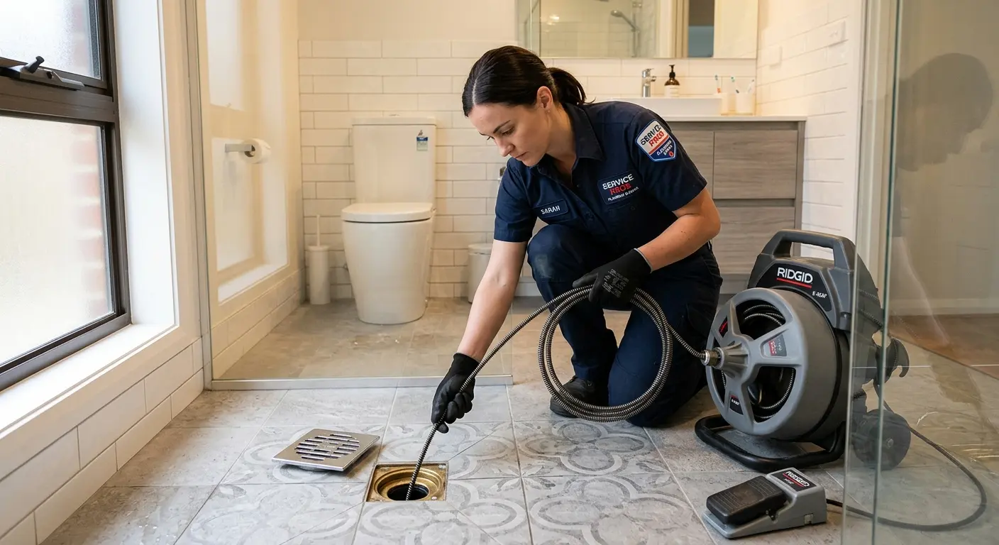 Technician clearing a bathroom floor drain for Drain Cleaning in Peterborough